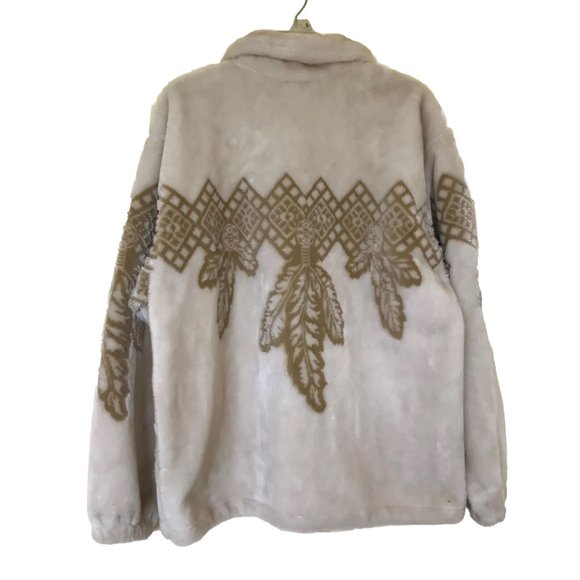 Milton Funwear Plush Fleece Jacket Cream & Beige Feather Design Oversized 90s - Picture 2 of 9